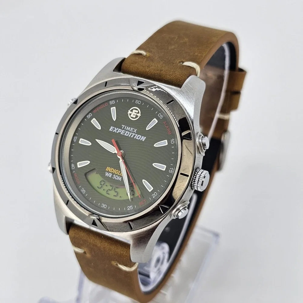 Timex Expedition Ana Dig Men Watch 38MM Green Dial NEW Leather Bands New Battery
